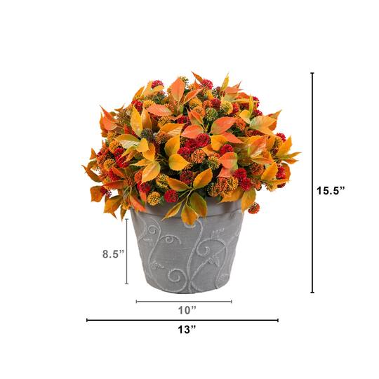 15.5" UV Resistant Autumn Artificial Mixed Fall Mum in Decorative Gray Planter